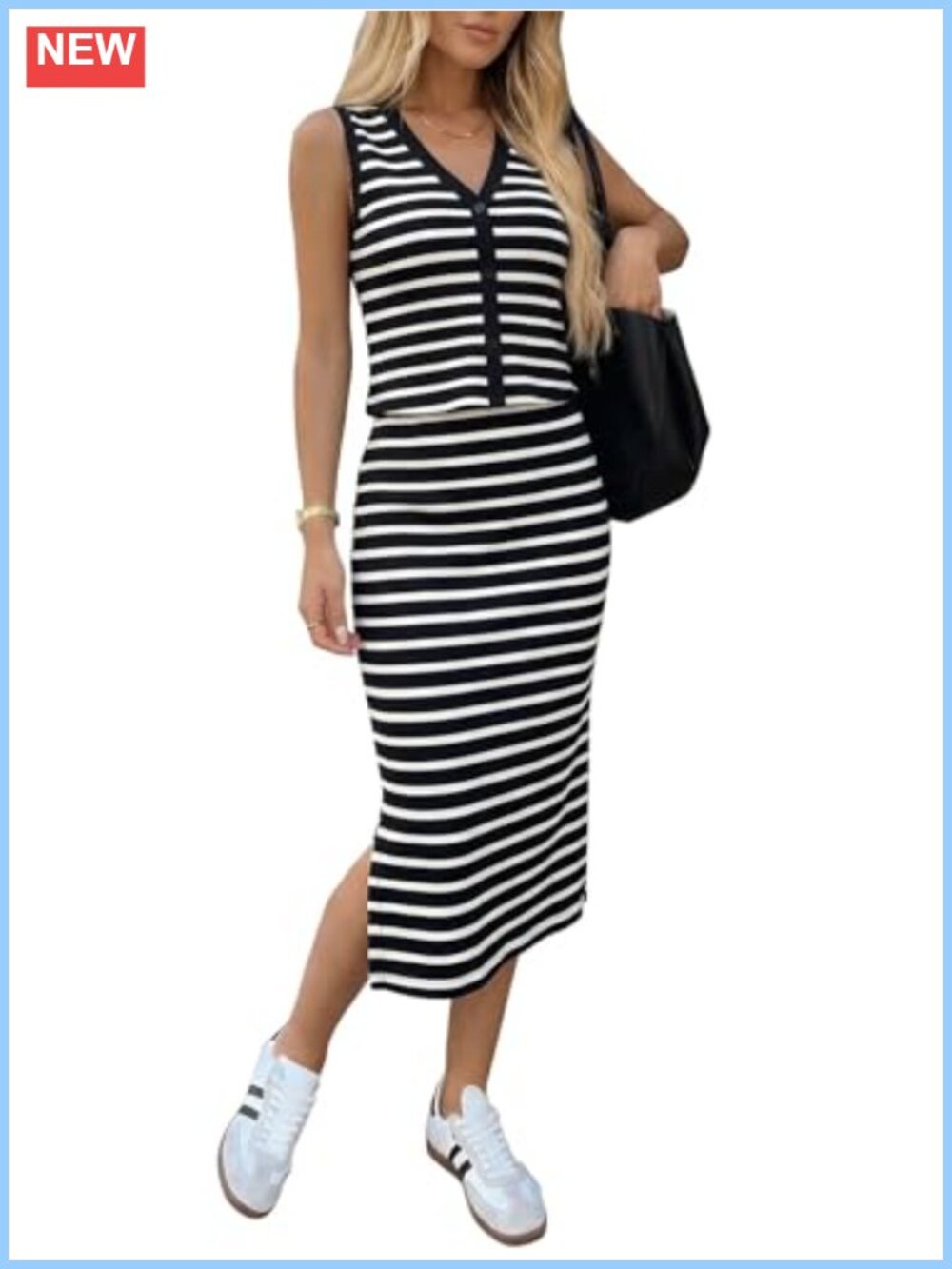 Waffle Knit 2 Piece Tank Top and Midi Skirt Set with Pockets